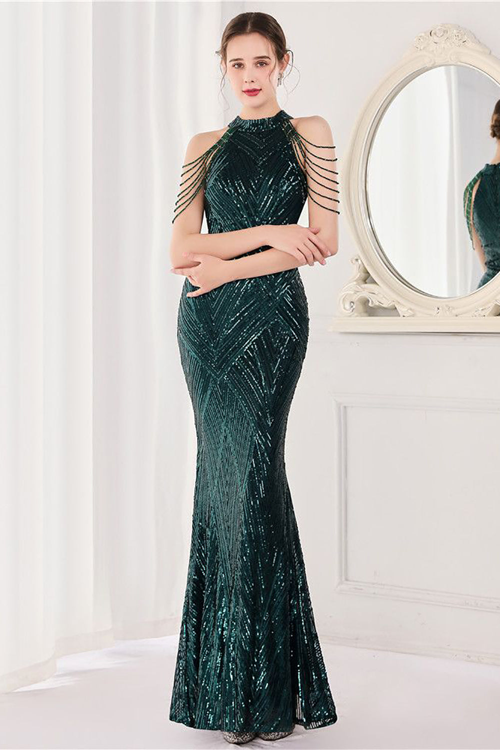 Mermaid Halter Dark Green Sequins Long Formal Dress