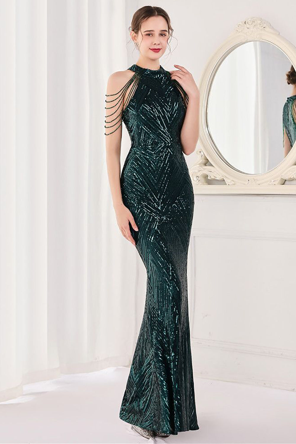 Mermaid Halter Dark Green Sequins Long Formal Dress