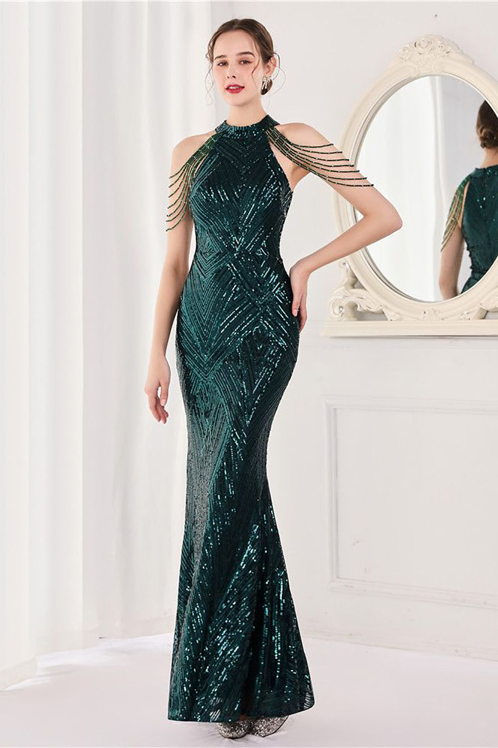 Mermaid Halter Dark Green Sequins Long Formal Dress