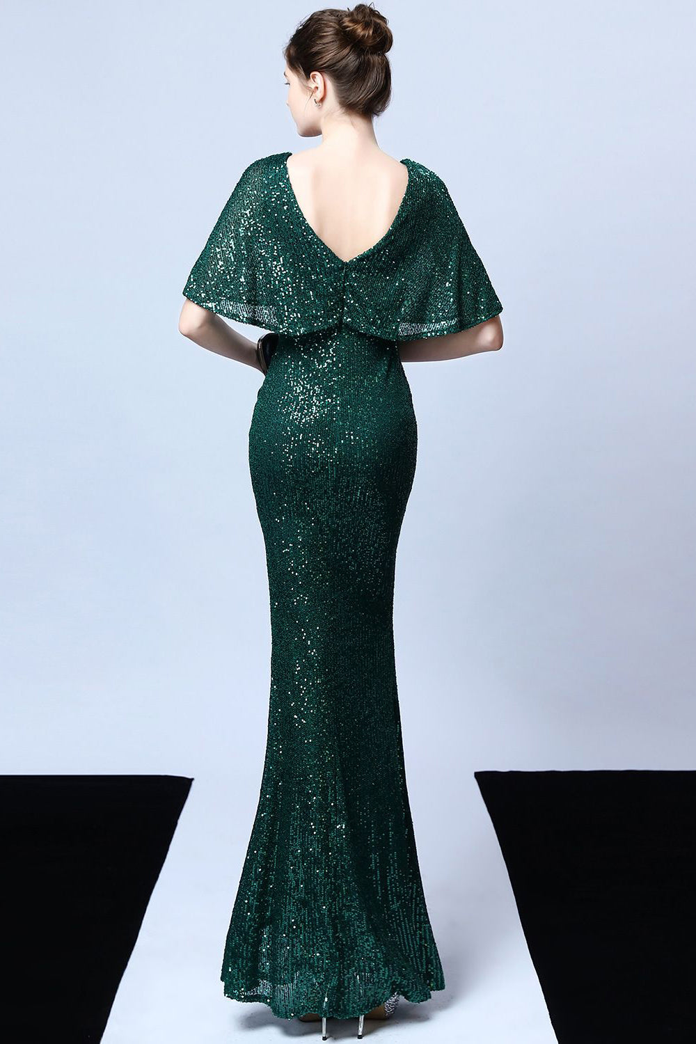 Mermaid V Neck Dark Green Sequins Long Formal Dress with Short Sleeves