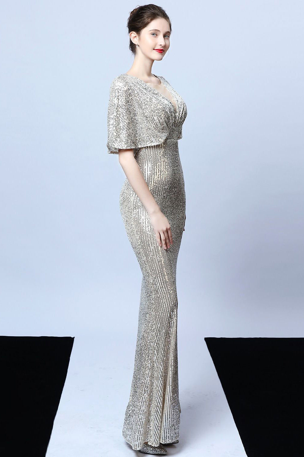 Mermaid V Neck Dark Green Sequins Long Formal Dress with Short Sleeves