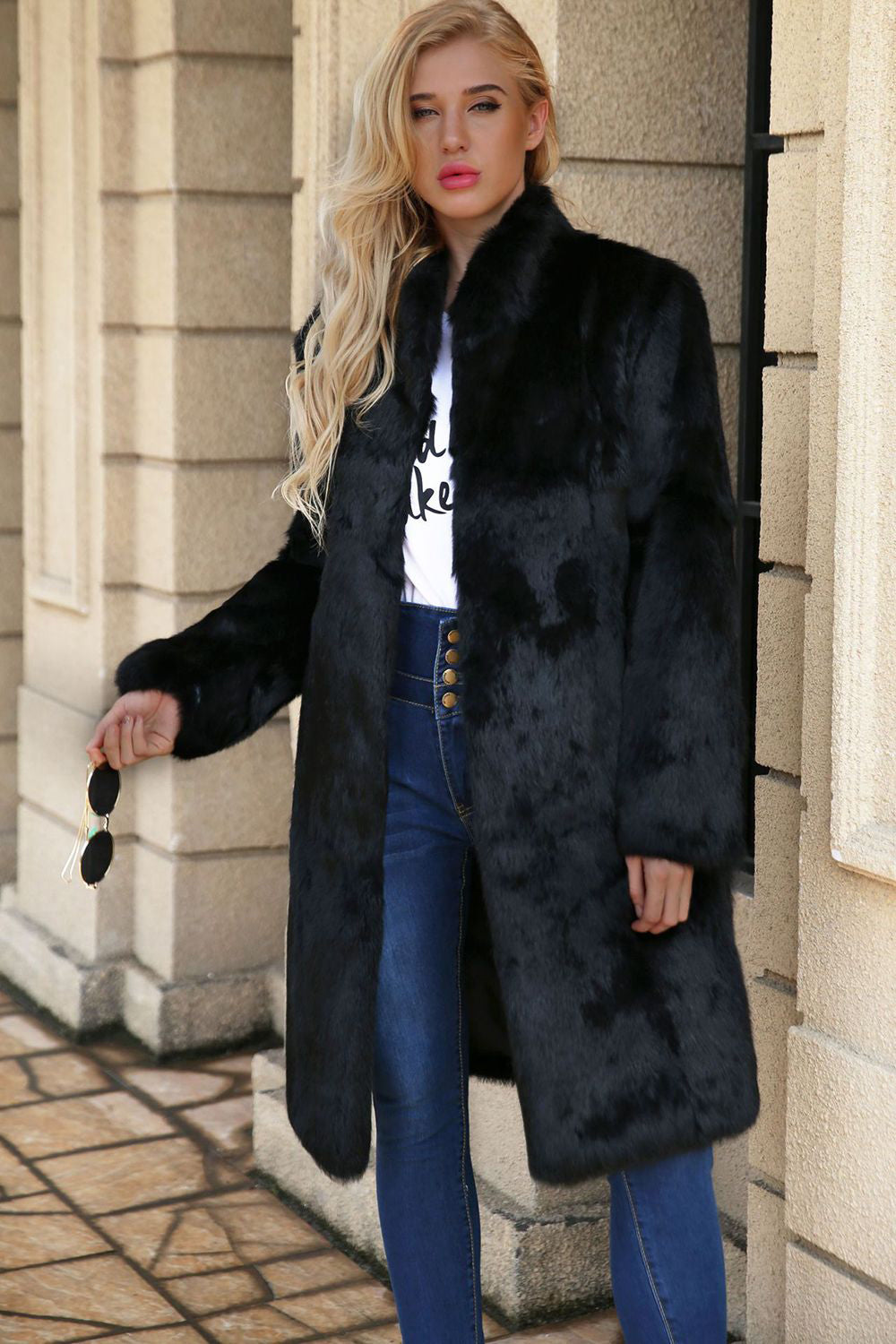 Black Long Faux Fur Shearling Coat with Belt