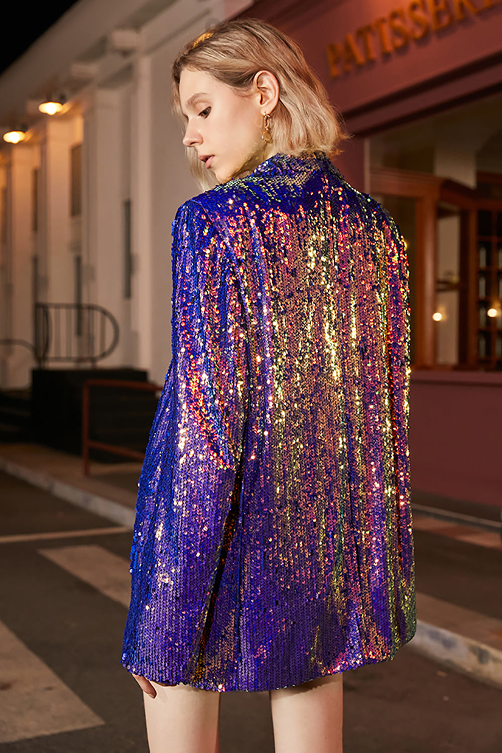 Sparkly Purple Sequins Oversized Longline Formal Blazer For Women