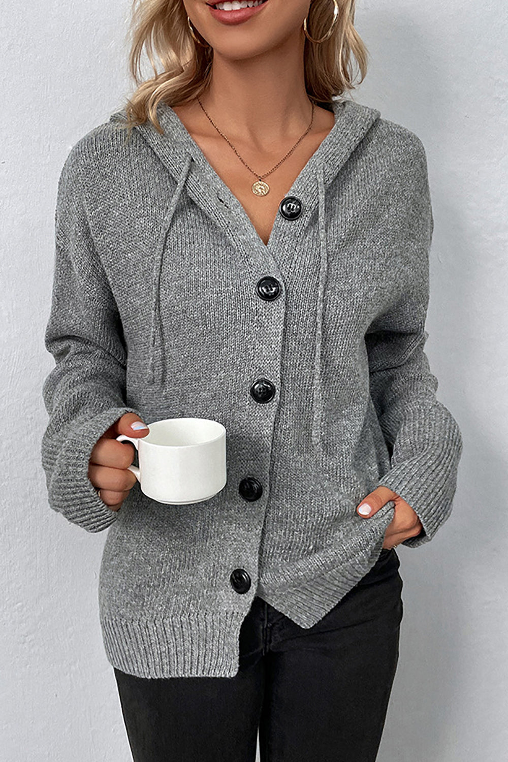 Grey Hooded Knitted Oversized Sweater Cardigan