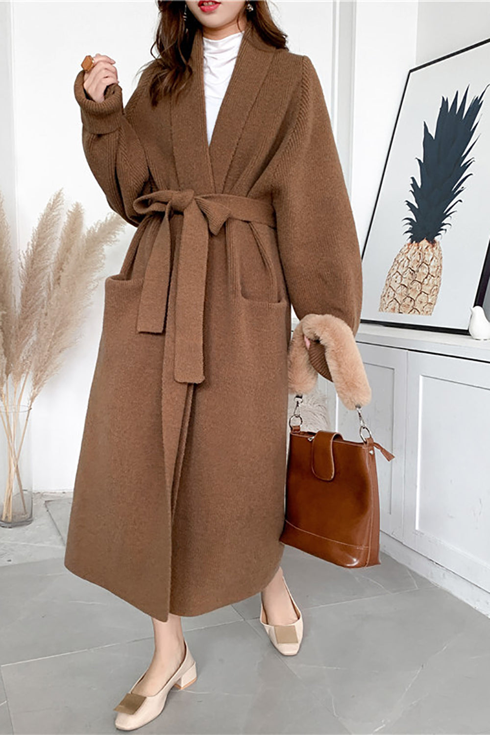 Blue Long Knitted Oversized Women Sweater Cardigan with Belt