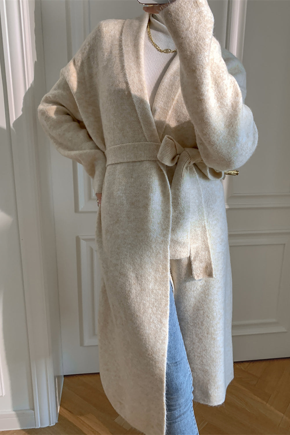 Black Long Knitted Sweater Cardigan with Belt