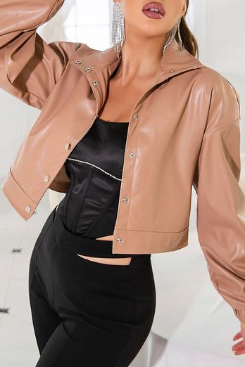 Khaki Cropped Button Lapel Women Leather Jacket