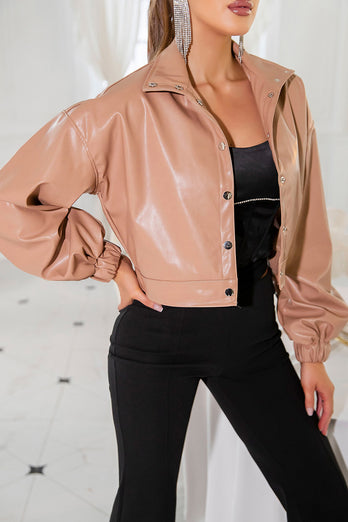 Khaki Cropped Button Lapel Women Leather Jacket