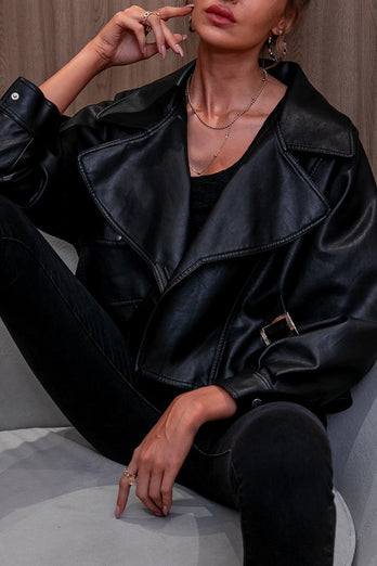 Black Notched Lapel Oversized Cropped Leather Jacket