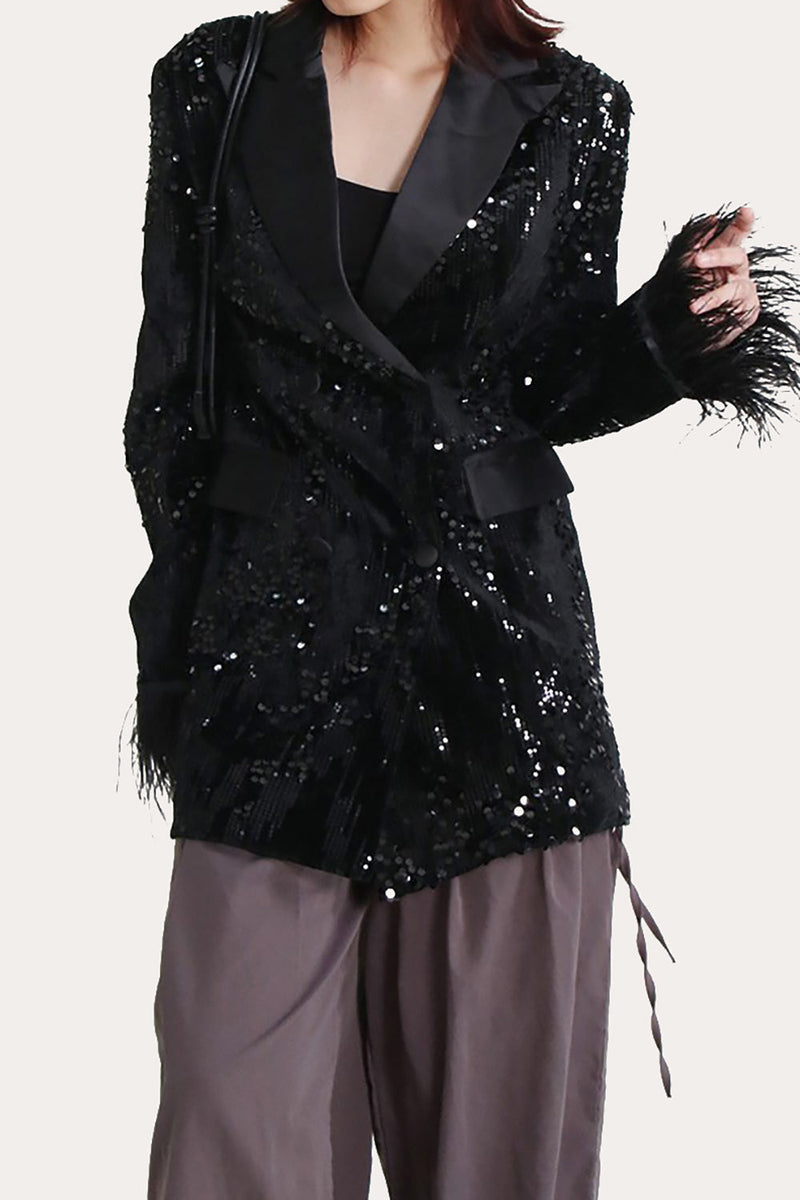 Load image into Gallery viewer, Glitter Black Sequins Women Formal Blazer with Feathers