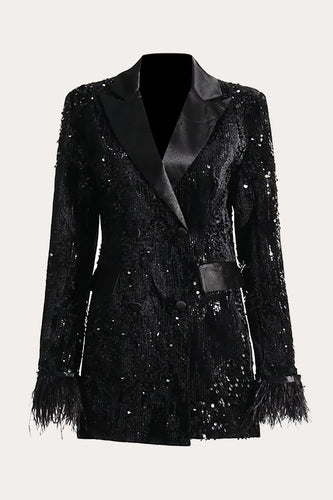 Glitter Black Sequins Women Formal Blazer with Feathers