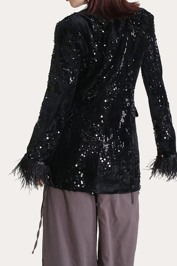 Glitter Black Sequins Women Formal Blazer with Feathers