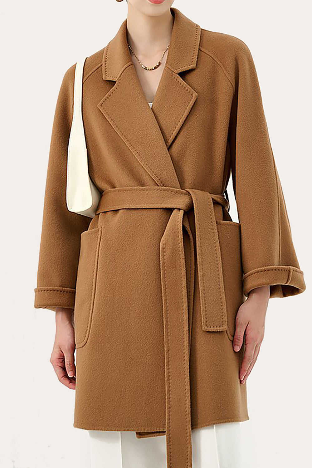 Black Notched Lapel Midi Women Wool Coat with Belt