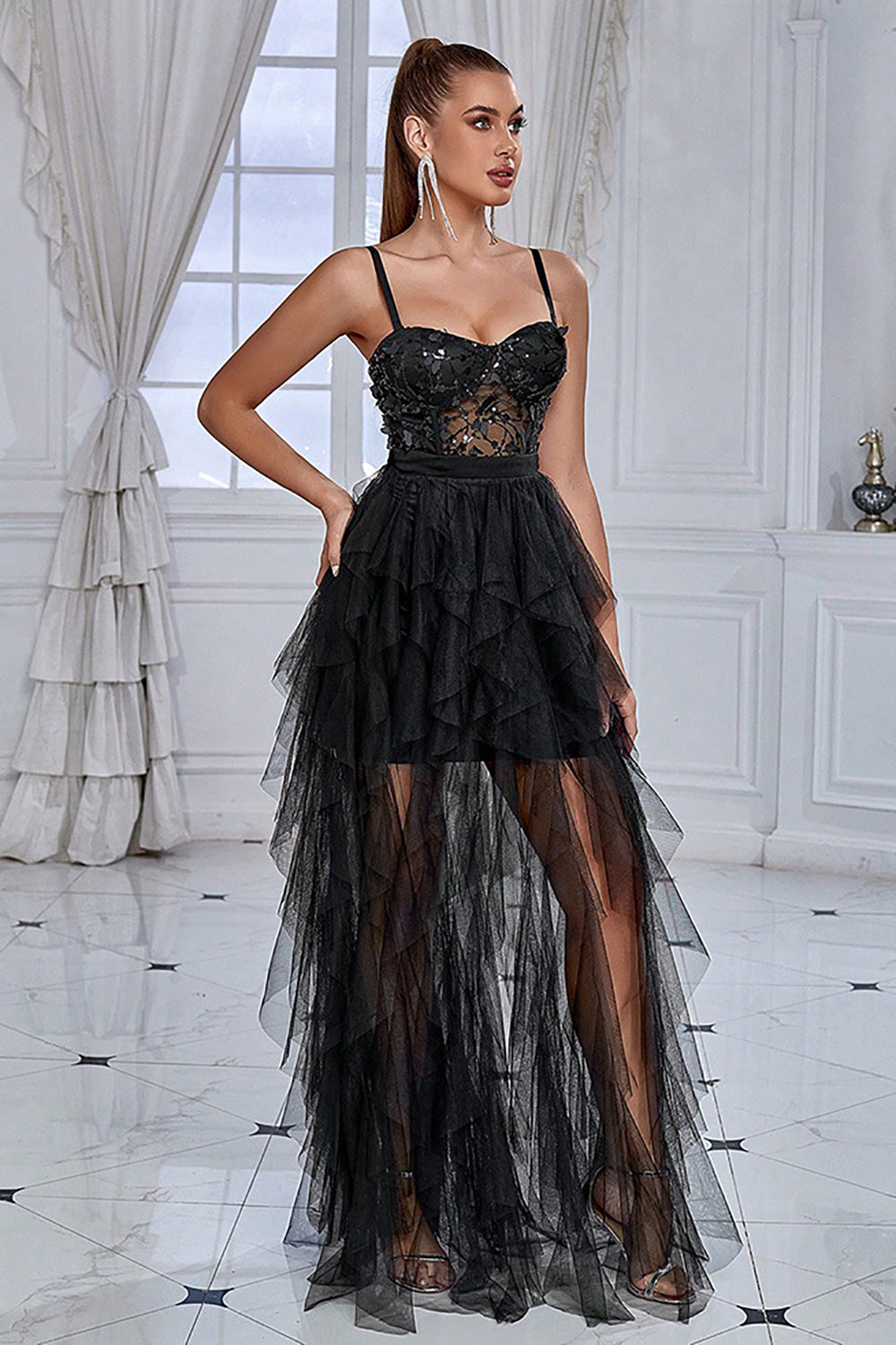 Sparkly Black Corset Spaghetti Straps Long Formal Dress with Ruffles