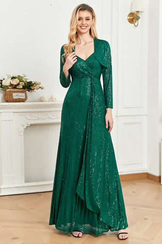 Sparkly Sequin A-Line Green Long Formal Dress With Cape