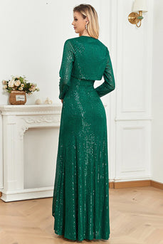 Sparkly Sequin A-Line Green Long Formal Dress With Cape