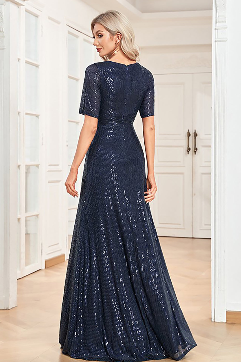 Navy A-Line Short Sleeves V-Neck Long Formal Dress