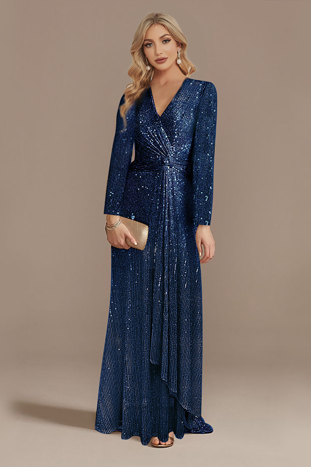 ZAPAKA Women Glitter Navy Mother of the Bride Dress with Long Sleeves Wedidng Guest Dress