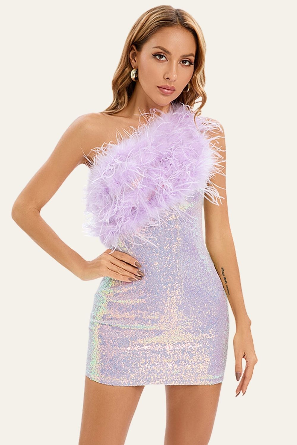 Purple Bodycon One-Shoulder Sequin Patchwork Cocktail Dress With Feather