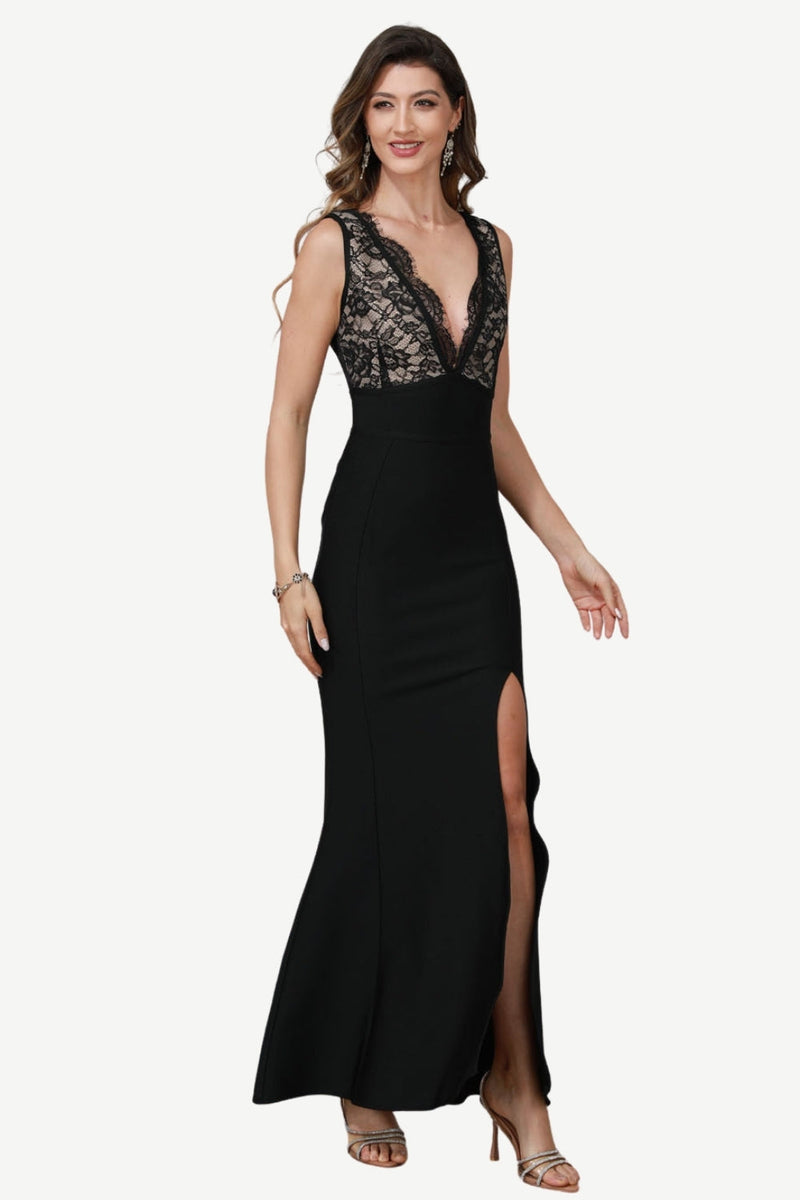 Deep V Neck Black Formal Dress with Lace