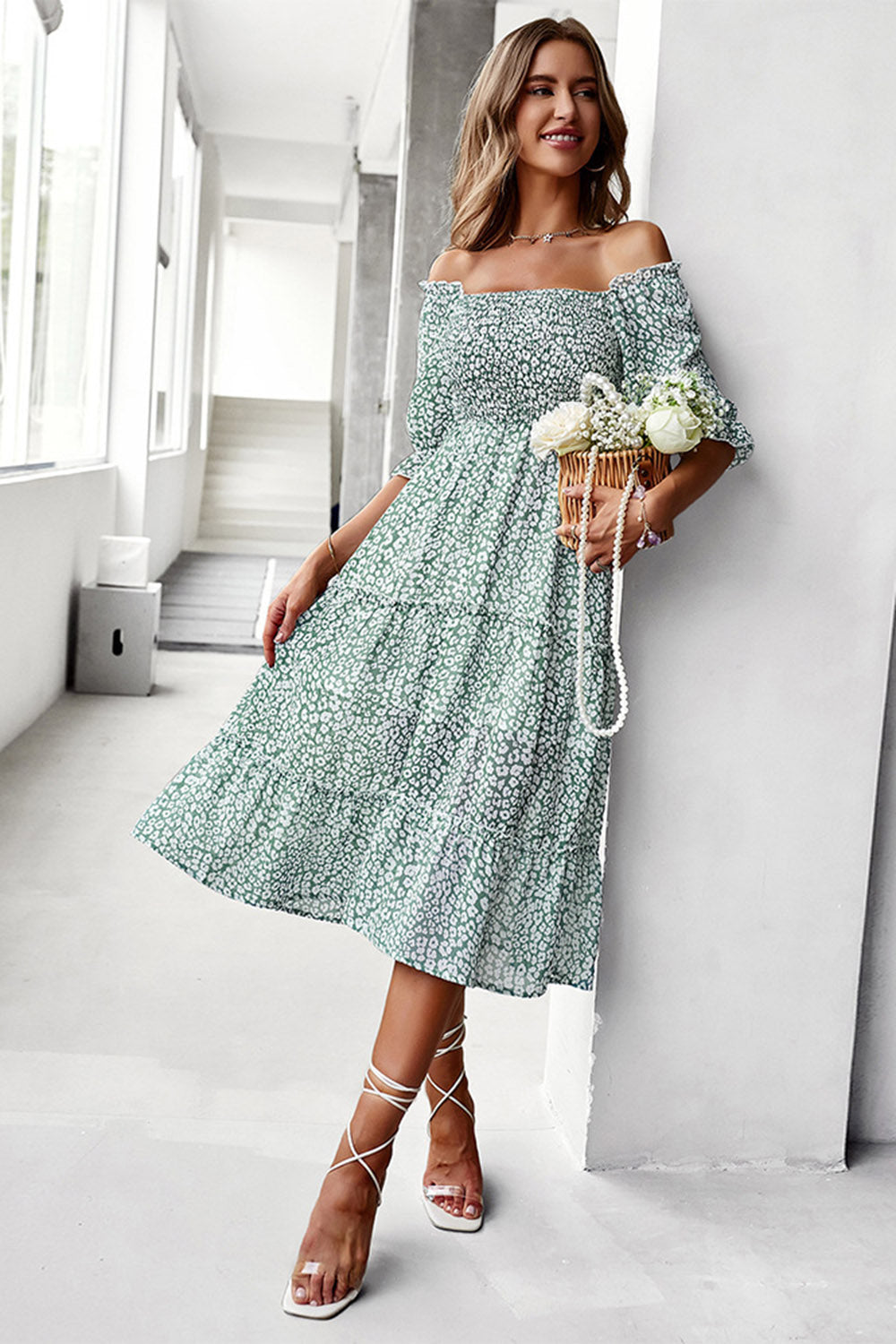 Square Neck Blue Floral Printed Summer Dress