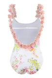 Blue Printed High Waist One Piece Swimwear with Flowers