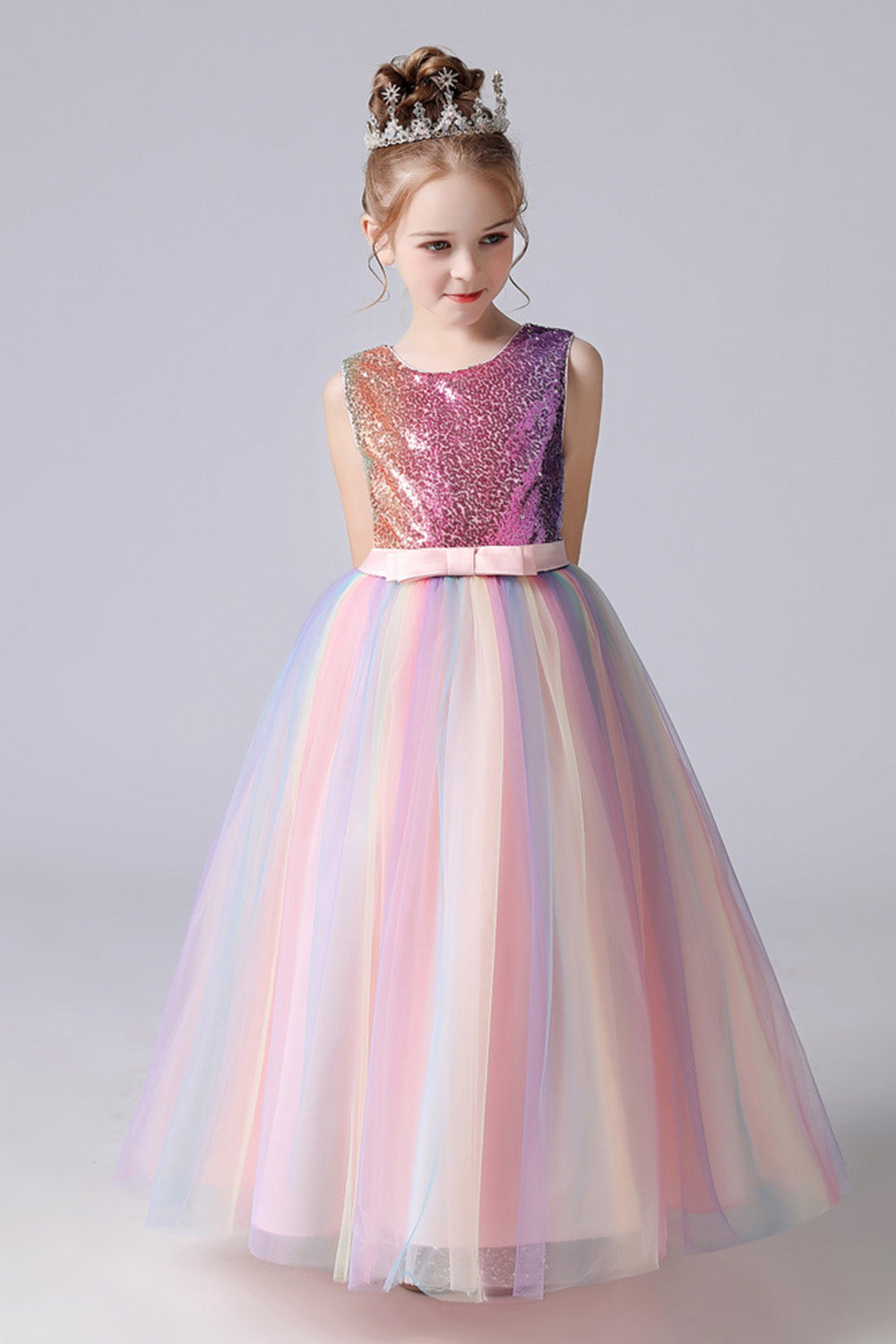 A-Line Sparkly Pink Sequins Kids Girls' Dress with Bows