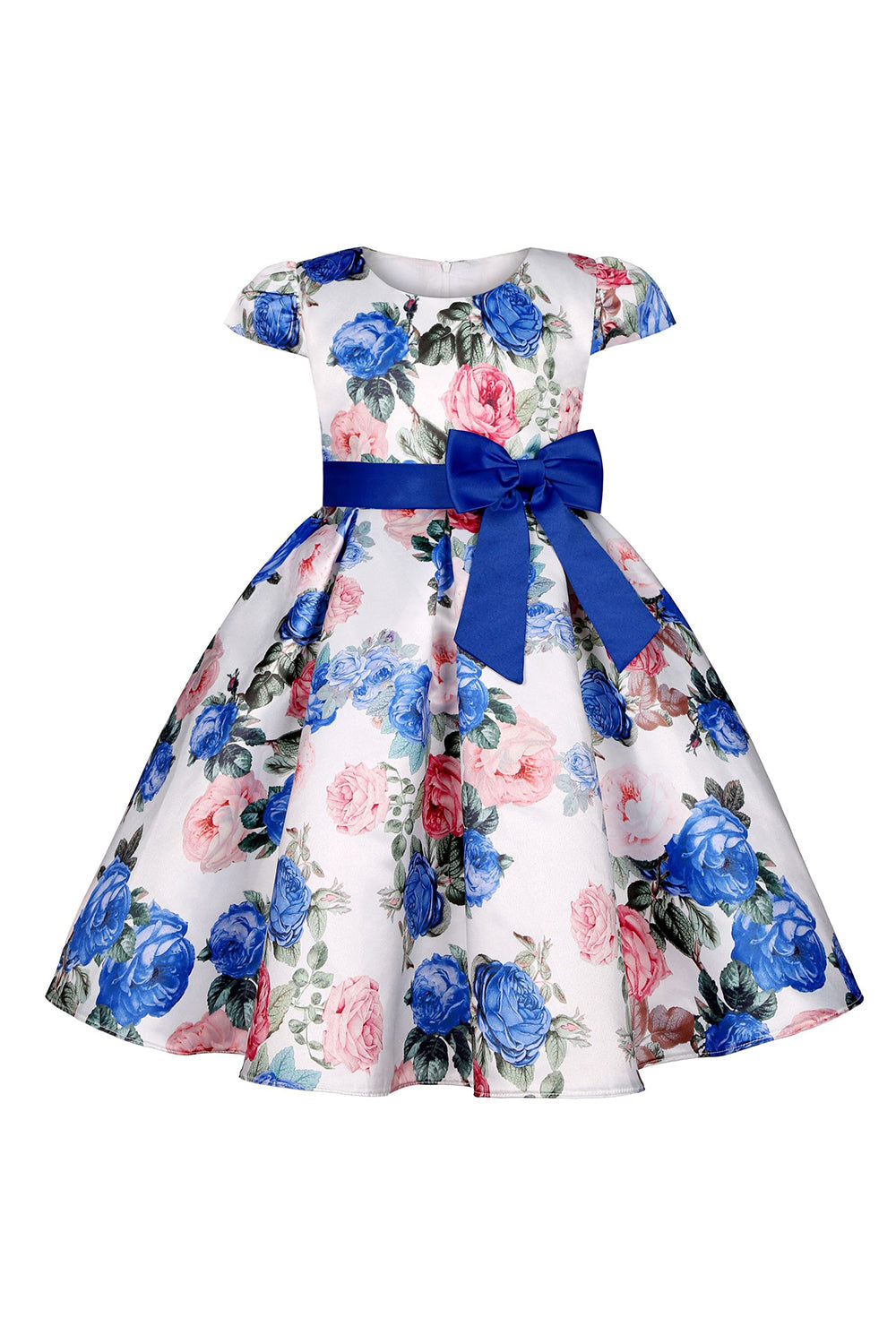 Blue Floral Girls' Dress with Bowknot