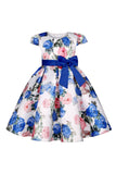 Blue Floral Girls' Dress with Bowknot