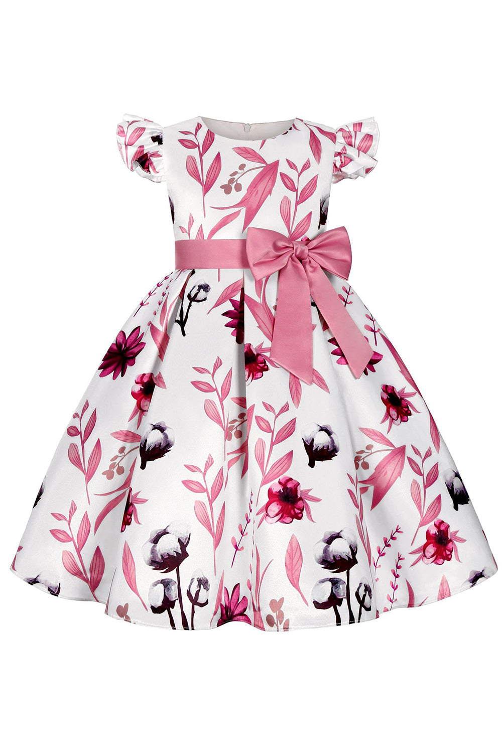 Blue Puff Sleeves Girls' Party Dress with Bowknot