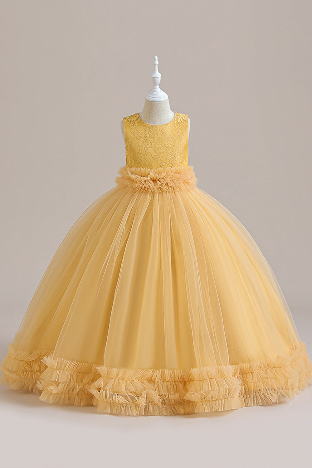 Sleeveless Green Tulle A Line Girl Dress with Lace