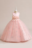 Pink Tulle Sleeveless Girl Dress with Appliques