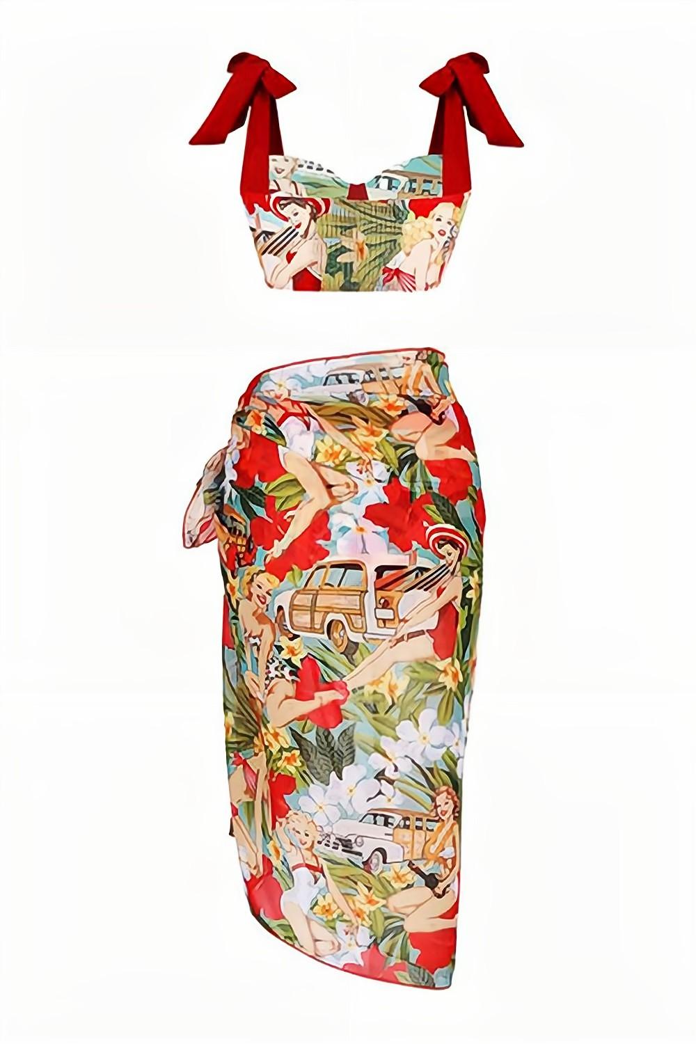 Two Piece Printed Swimwear Set with Beach Dress