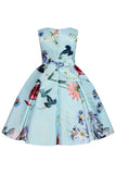 A Line Jewel Neck Light Blue Printed Girl Dress