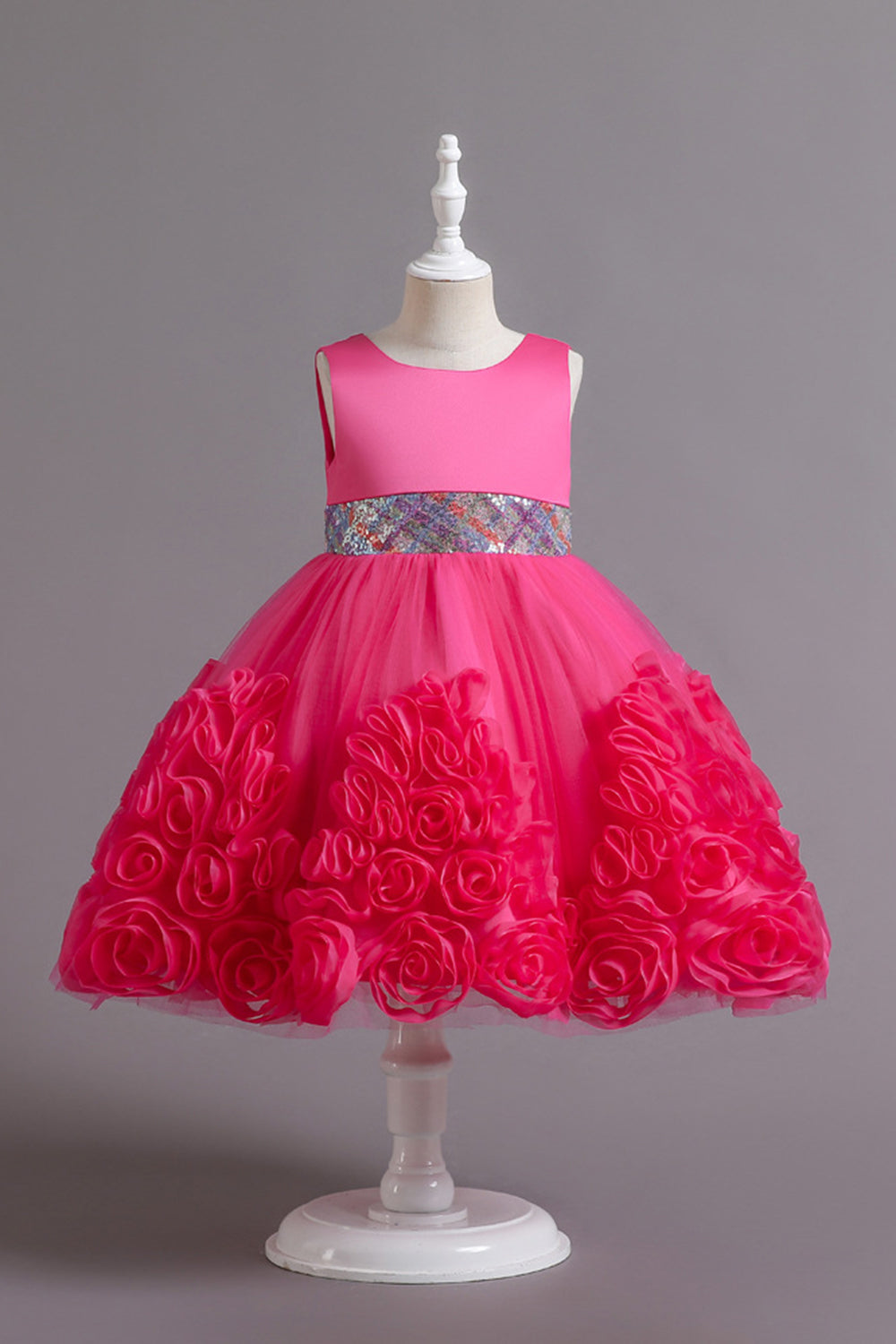 Fuchsia A Line Sequin Flower Girls' Party Dress With Bow