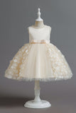 Champagne A Line Tulle Sleeveless Flower Girls' Party Dress With Bow