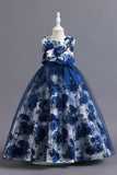 Blue Flower Tulle Long Girls' Dress With Ruffles