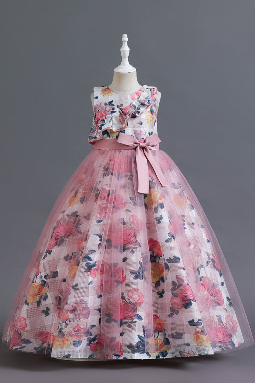 Blue Flower Tulle Long Girls' Dress With Ruffles