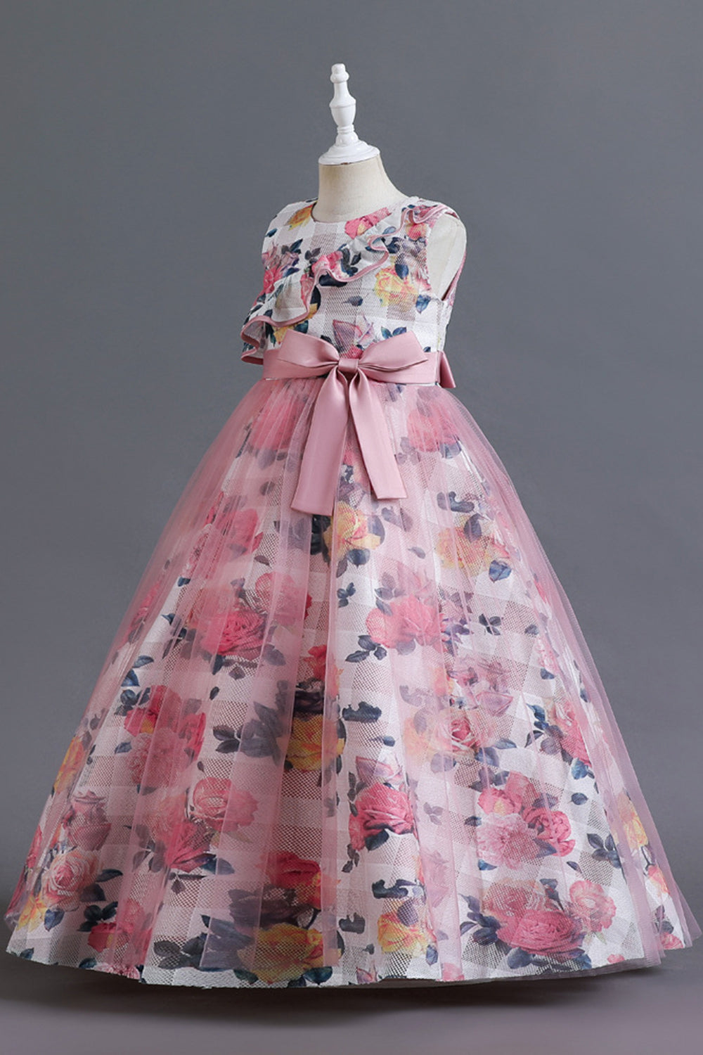 Blue Flower Tulle Long Girls' Dress With Ruffles