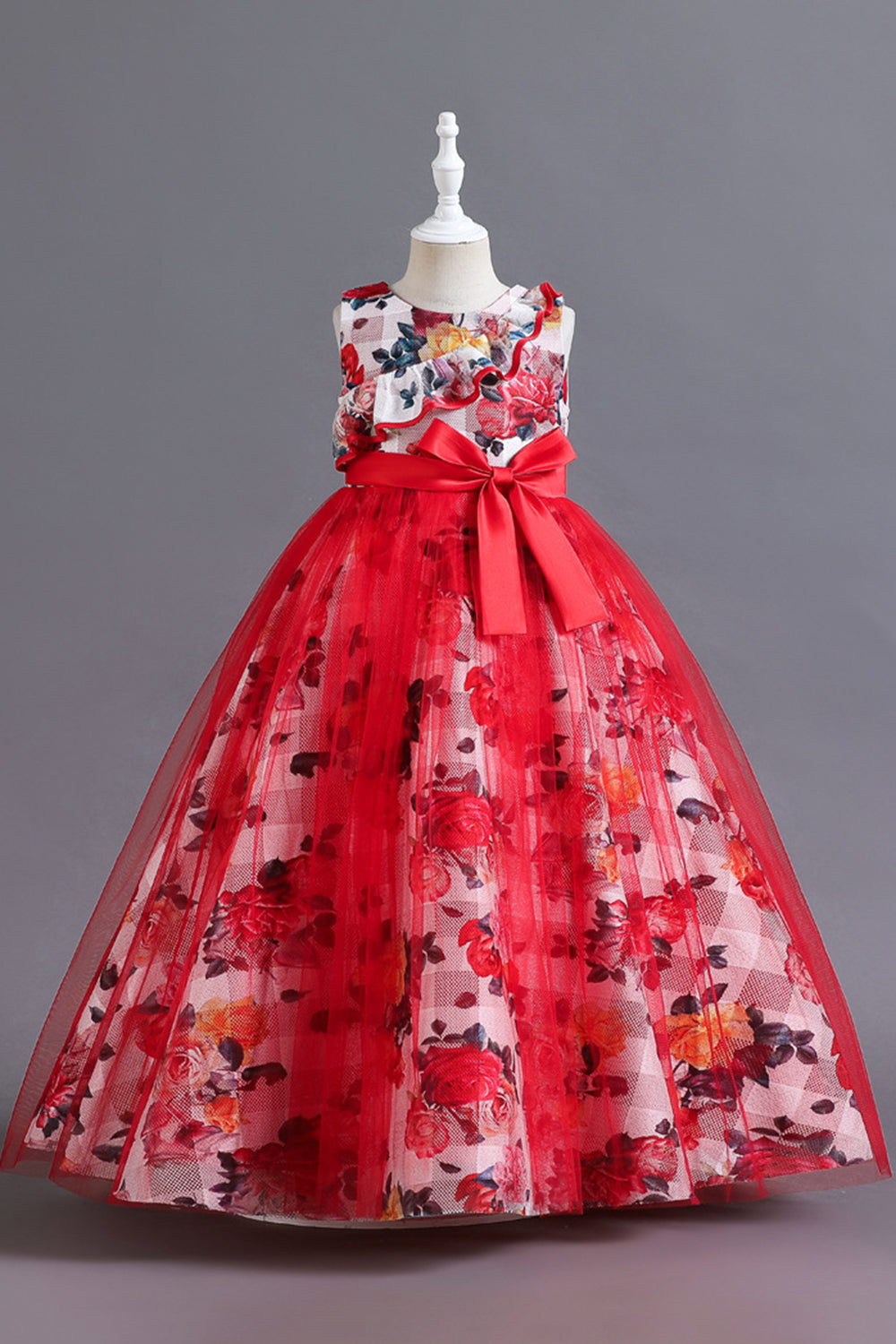 Blue Flower Tulle Long Girls' Dress With Ruffles