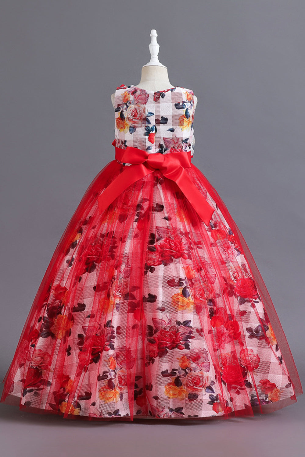 Blue Flower Tulle Long Girls' Dress With Ruffles