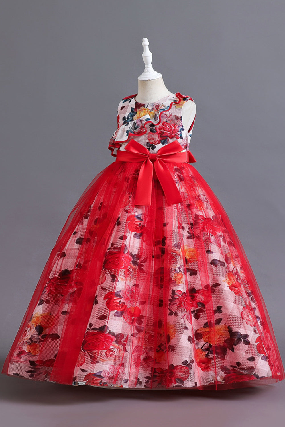 Blue Flower Tulle Long Girls' Dress With Ruffles