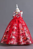 Blue Flower Tulle Long Girls' Dress With Ruffles