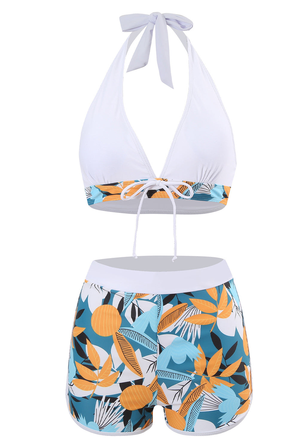 Two Piece Printed Green Halter Neck High Waist Swimwear