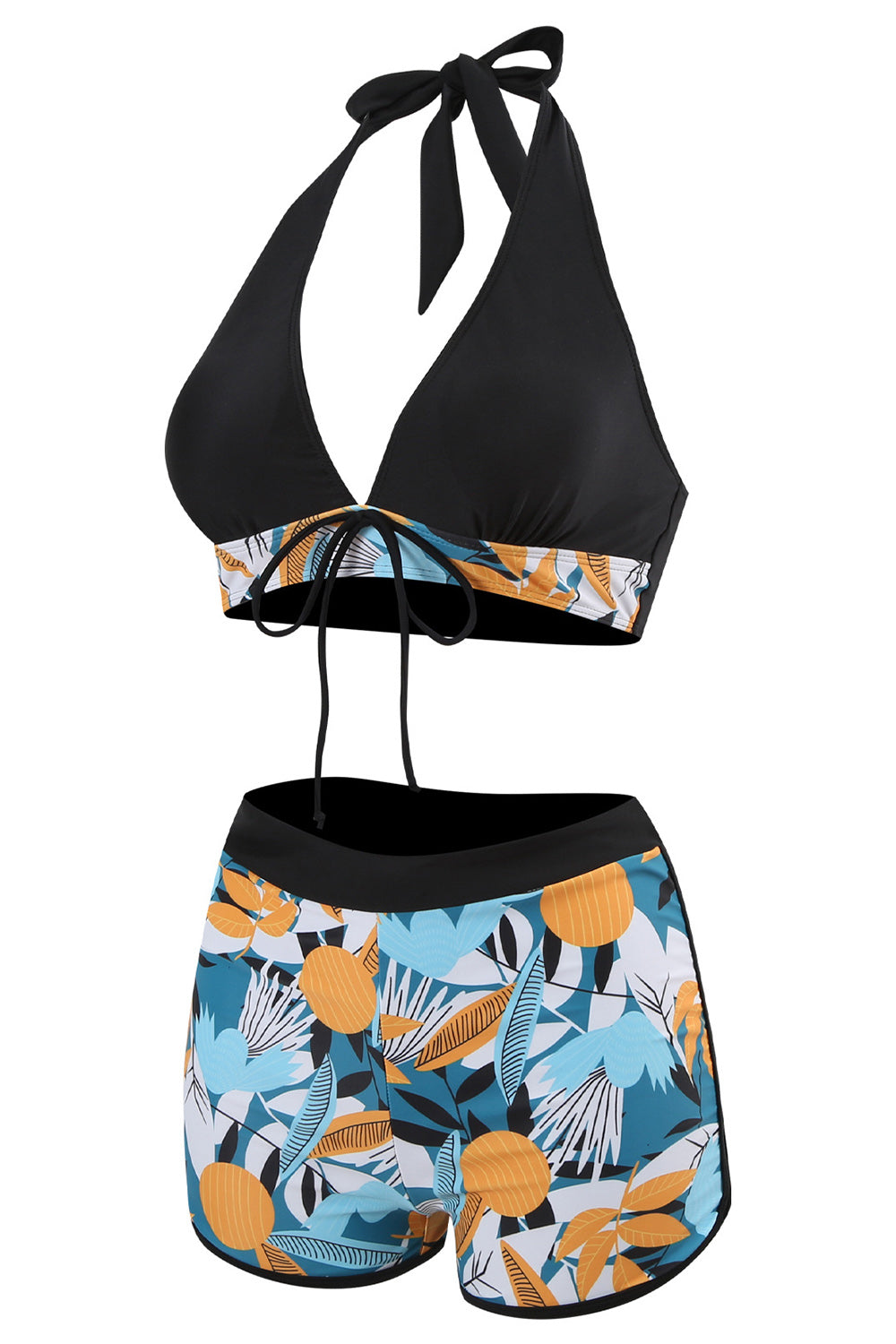 Two Piece Printed Green Halter Neck High Waist Swimwear