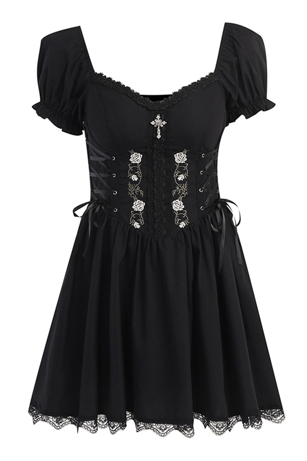 Puff Sleeves Black 1950s Dress with Lace