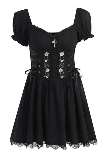 Puff Sleeves Black 1950s Dress with Lace
