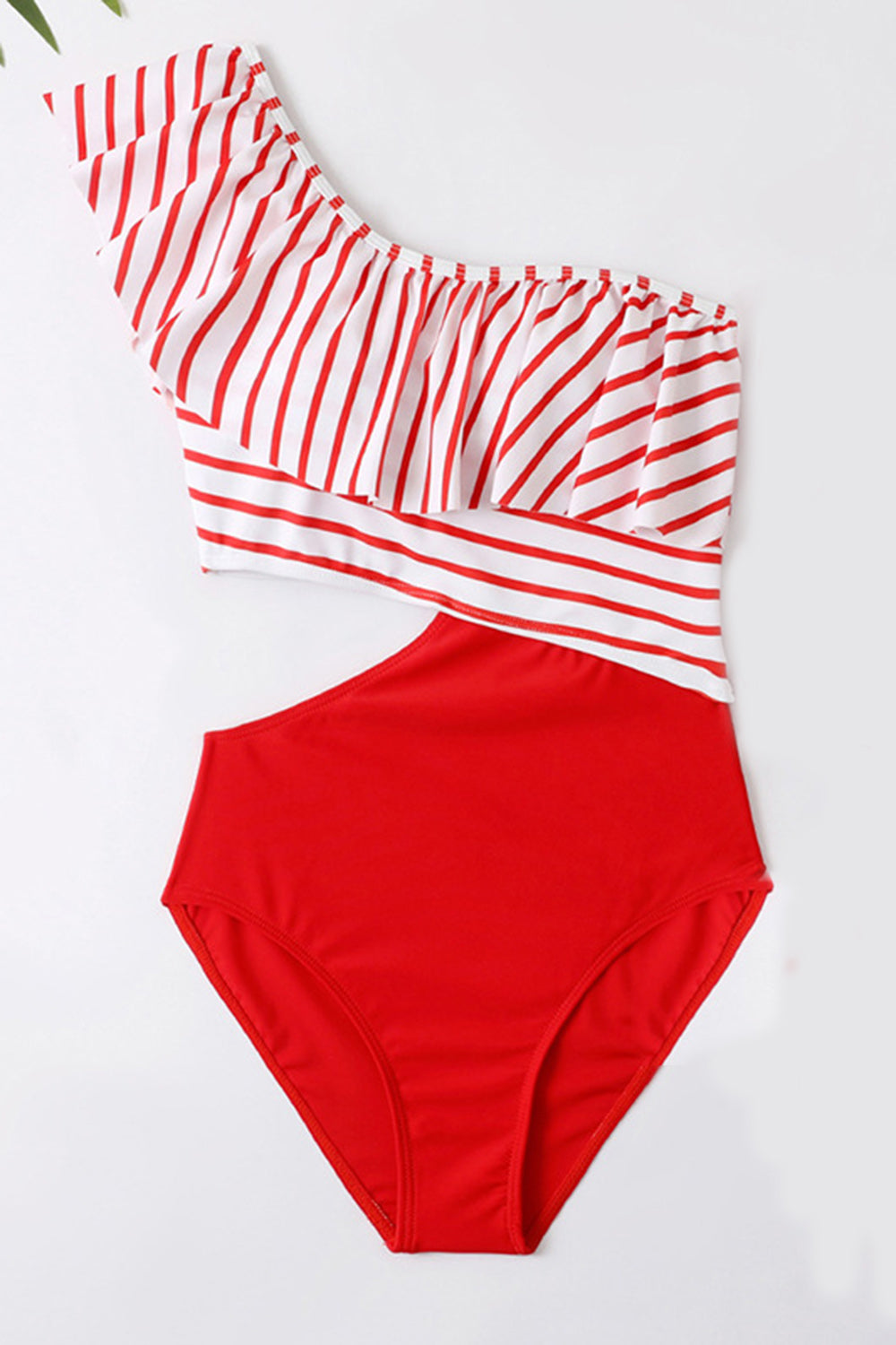 One Shoulder Stripe Red Swimwear with Ruffles