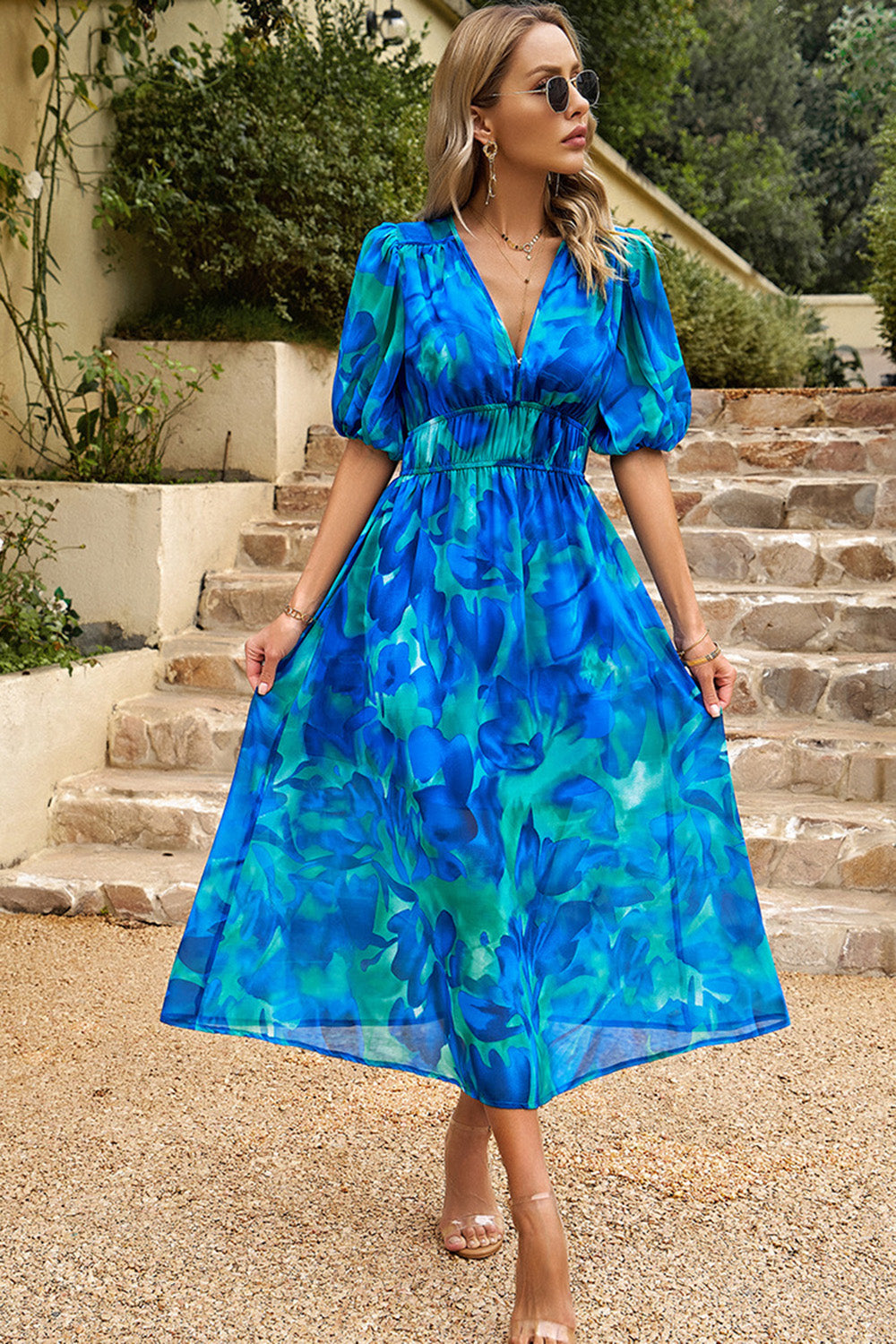 Black V Neck Printed Half Sleeves Summer Dress