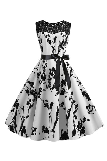 Boat Neck Sleeveless Printed White 1950s Dress with Sash